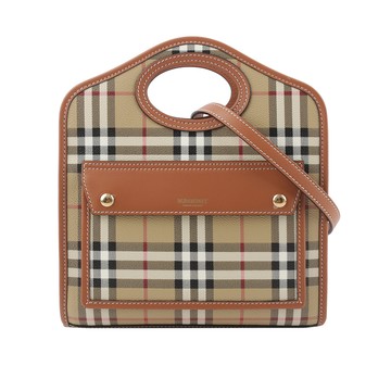 BURBERRY 格紋拼皮革手提/斜背口袋包(Mini)(石楠木棕色)