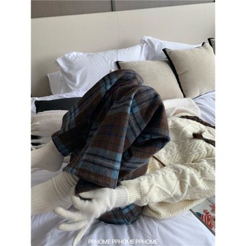 PPHOME自制~冬日格子褲 加絨毛呢休閑褲冬季百搭格子休閑褲闊腿褲