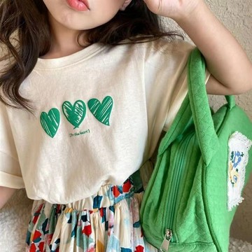 🎀biubiu童裝🎀兒童純棉T恤夏季女童印花綠心短袖T打底衫寶寶寬鬆圓領上衣潮