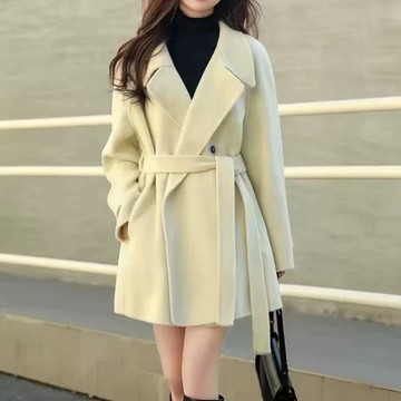 羊毛大衣 女 韓版 通懃 2025立領係帶雙麵羊毛大衣女小個子翻領設計感通懃風外套 7UVS