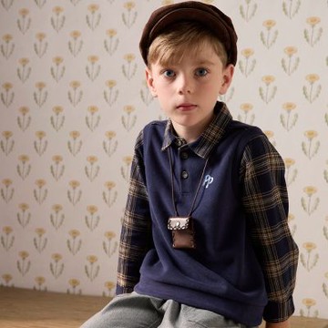 PIPPY 經典格紋假兩件LOGO刺繡上衣 藍