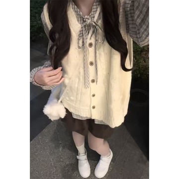 【秋冬韓系學院風】針織背心 馬甲上衣 外搭背心 針織開衫馬甲 甜美少女感 溫柔風綁帶格紋襯衫長袖 約會一整套裝 背心上衣