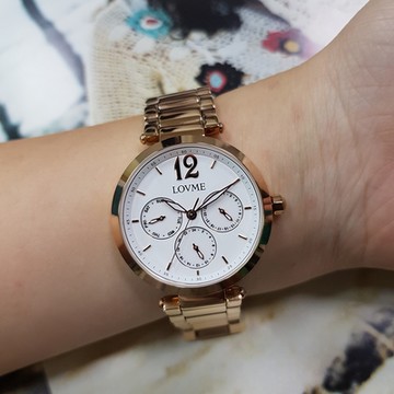 LOVME 032系列三眼不鏽鋼鍊帶時尚手錶-IP玫x白/34mm