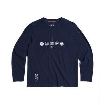 江戶勝 日系 男裝 經典多圖繡花薄長袖T恤(丈青色) #上衣
