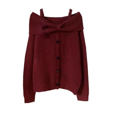新年過年戰袍紅色一字肩蝴蝶結毛衣女秋冬季慵懶風露肩針織衫上衣