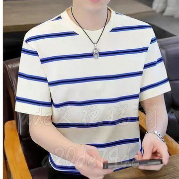 條紋圓領寬鬆短袖 新款夏季休閒潮流潮牌百搭半袖體恤 短袖上衣 男生衣服 短袖t恤男 男生 t恤