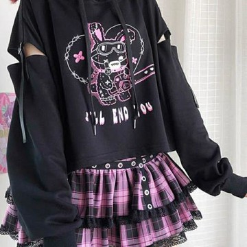 300斤胖MM花邊辣妹半身裙秋冬春四季女學院風暗黑連帽短款衛衣潮