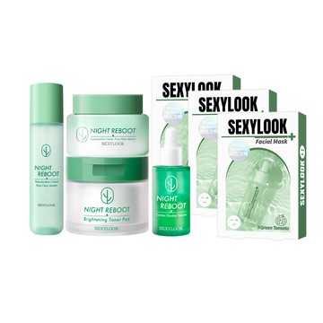 發光開運💛【SEXYLOOK 西西露】仙人掌好面子招財全套7件組(夜光霜50ml+夜光水150ml+棉片50片+雙精華30ml+綠番茄面膜3盒)