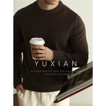 YUXIAN美式重磅羊毛混紡休閑商務中針距圓領毛衣保暖純色通勤加厚