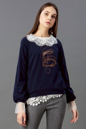 MW 電繡亮片蕾絲抽袖圓領T恤