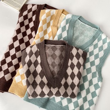 復古時尚格子針織馬甲女新款秋冬V領高級百搭菱格毛衣背心