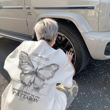 【隔日到貨 蝴蝶大印花】重磅短t 280g純棉短袖T恤夏季美式復古短袖上衣學生加大尺碼oversize t恤男生T恤
