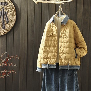 真 羽絨90%白鴨絨 羽絨服白鴨絨夾克-牛仔拼接休閒短款女外套3色73zc32【獨家進口】【米蘭精品】