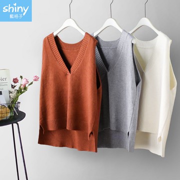 【V2812】shiny藍格子-慵懶隨性．純色前短後長大V領針織背心