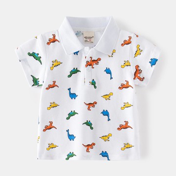 WELLKIDS - 純棉休閒翻領短袖上衣-繽紛小暴龍-白色