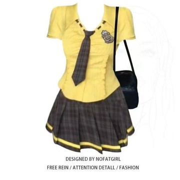 【學院風胖MM美式甜心】領帶短袖襯衫上衣 女夏季 A字百褶短裙套裝 上衣 短裙 shirt 胖女孩 顯瘦 學生 套裝