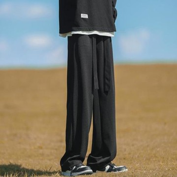 垂感褲子男高級感華夫格衛褲春秋潮流寬松運動褲直筒拖地休閑長褲