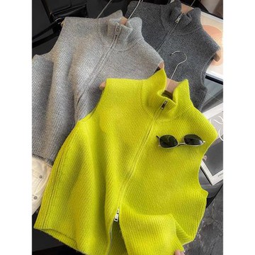 羊毛純色雙拉鏈上衣針織開衫毛衣舒適無袖坎肩馬甲背心時尚設計感