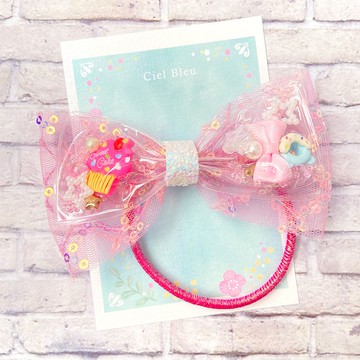 透明網紗緞帶 杯子蛋糕 亮片網紗 鮮豔粉紅 髮圈