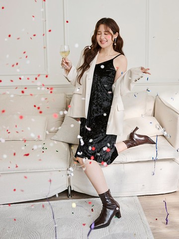 雲朵自訂款-質感光澤絨面細肩帶洋裝