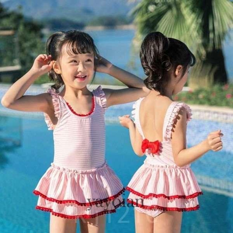 水着キッズワンピース女の子子供水着ワンピガールズボーダーピンク温泉