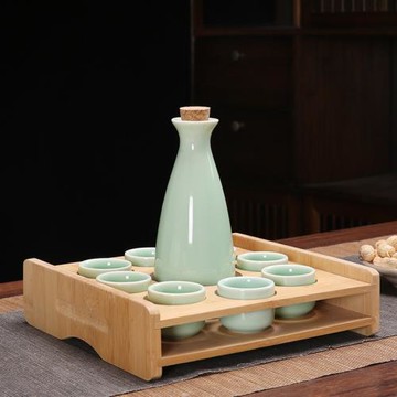 陶瓷白酒杯分酒器半斤酒壺家用小酒盅一口杯酒具套裝帶竹木托盤架