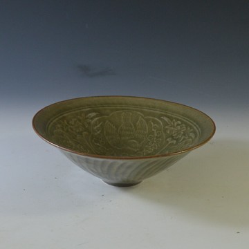 仿古瓷器 復古南宋風格  耀州窯青釉花卉紋斗笠碗 古董古玩收藏品