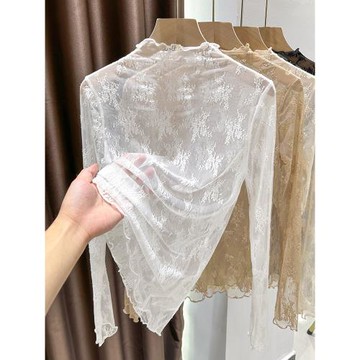 輕薄洋氣蕾絲長袖小衫女秋冬半高領網紗打底衫吊帶裙內搭透明上衣