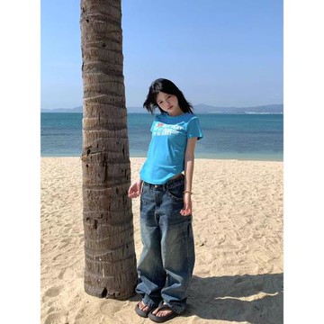 GTGA美式復古字母正肩圓領短袖T恤男女夏季休閑印花辣妹短款上衣