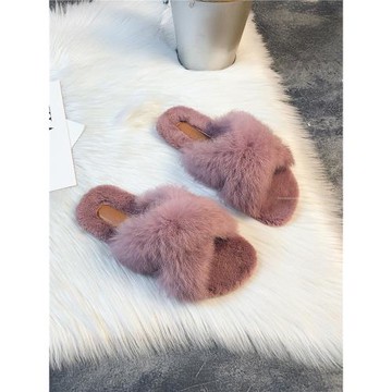 香港水貂毛毛鞋女外穿2025新款秋冬季厚底一字平底網紅兔毛棉拖鞋