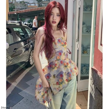 碎花度假風收腰抹胸吊帶背心女修身顯瘦夏季純欲辣妹上衣