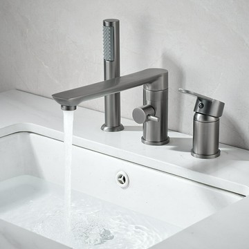 公司貨 免運 速發 開發票 槍灰全銅加長水嘴浴缸水龍頭分體式浴缸三件套可旋轉浴缸龍頭跨境