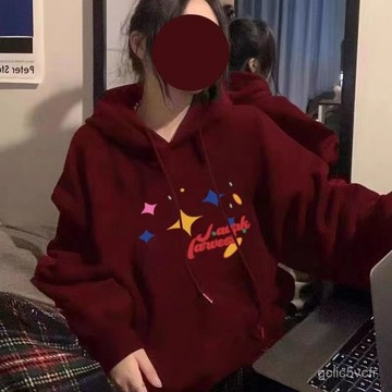 大碼胖妹妹酒紅連帽星星衛衣寬鬆美式印花秋冬新款加絨上衣外套男女衕款 美式復古 帽t 大學t 連帽女生衣服 寬鬆遮肚子上衣