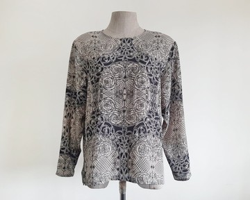 復古黑棕巴洛克印花女襯衫 長袖聚酯纖維上衣 M