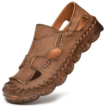 大友SAZ049口二色皮涼鞋男真皮外穿開車男士包頭沙灘鞋男牛筋底洞洞鞋杰恆