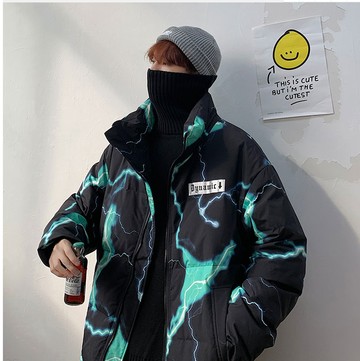 FINDSENSE X 色復古彩閃電印花棉衣 原宿風休閒棉服寬鬆外套