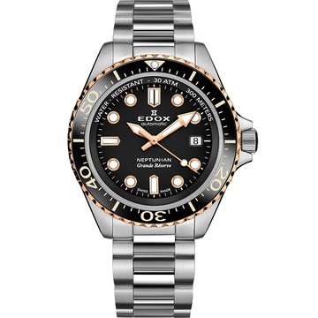 EDOX Neptunian 海神 68H超動能300米潛水機械錶-黑x玫瑰金/42mm E80801.3NRM.NIR