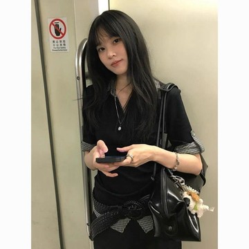 【WYZ】辣妹格紋復古拼接假兩件短袖polo衫T恤女夏季設計感修身學院上衣