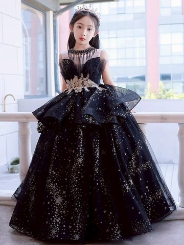 【量身定制】黑色女童晚禮服鋼琴演奏主持人生日宴氣質走秀2025新款兒童公主裙