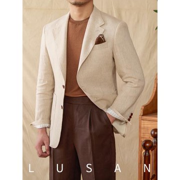 鹿三先生高品質輕薄半內襯休閑純亞麻西服外套透氣復古通勤西裝男