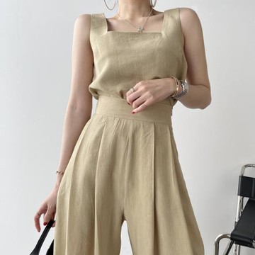 韓國chic小眾方領露鎖骨寬松背心上衣+高腰壓褶闊腿休閑長褲套裝