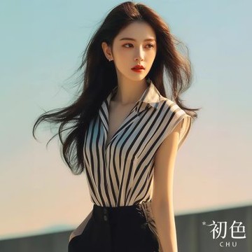 初色 修身顯條紋翻領無袖襯衫上衣女上衣-條紋-35822(M-3XL可選)