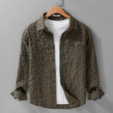 【巴黎精品】現貨+預購 男襯衫長袖上衣男日系寬鬆休閒襯衫男裝-春季千鳥格泡泡紗文藝男上衣2色a1kq3