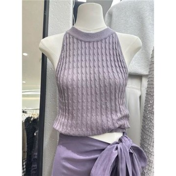 十三行2025夏季新款紫色掛脖工字麻花針織背心吊帶女無袖美背上衣