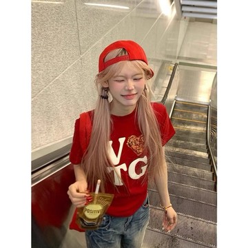 TGNS  紅色短袖t恤    修身短袖   設計感上衣   短袖衣服   上衣   夏天衣服  寬鬆  衣服女