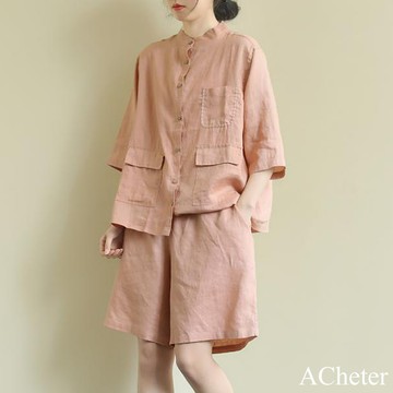 【ACheter】寬鬆大碼立領襯衫闊腿高腰五分短褲兩件式套休閒文藝亞麻感套裝# 122218(現貨+預購)