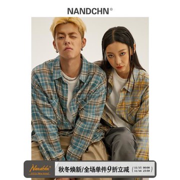 男道復古撞色格紋長袖襯衫男女春秋潮牌寬松休閑情侶工裝襯衣外套