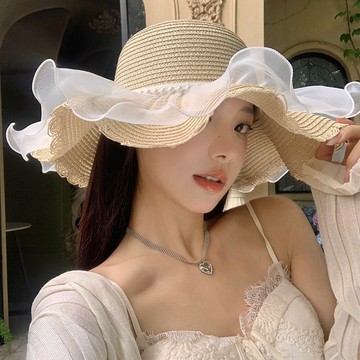 熱賣爆款蕾絲草帽女夏季大帽簷戶外防紫外綫草編遮陽帽海邊沙灘帽子珍珠-L1001 FSBE
