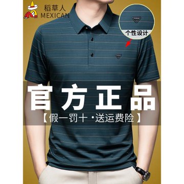 稻草人男士短袖t恤2024新款男半袖冰絲上衣服爸爸夏裝條紋Polo衫