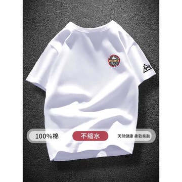 法式經典純棉半袖體恤寬松復古小胸花印花2026夏季新款短袖T恤男